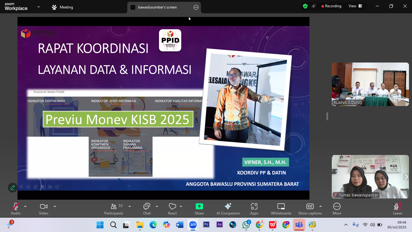 Pimpinan Bawaslu Kabupaten Pasaman Barat beserta Pengelola PPID mengikuti zoom meeting yang diselenggarakan oleh Bawaslu Provinsi Sumatera Barat mengenai Rapat Koordinasi Previu Monev KISB Bawaslu Kab/Ko se-Sumbar. Rabu. (30/7).