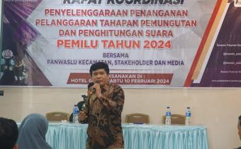 Rapat Koordinasi (Rakor) Penyelenggaraan Penanganan Pelanggaran Tahapan Pemungutan dan Perhitungan Suara Pemilu Tahun 2024 di Aula Hotel Gucci, Sabtu.(10/02/2024). 